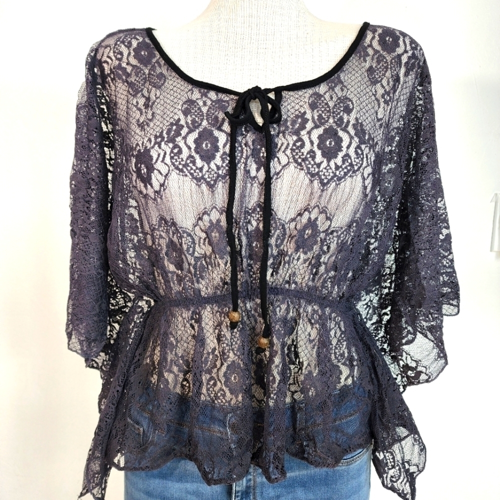 Bella D Lace Round Neck Bow Accent Elastic Waist Charcoal Gray Top  Size S
